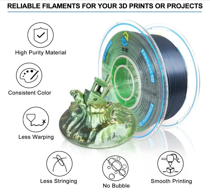 Tri-Color Gold/Black/Green Silk PLA 3D Printers Filament 3D Pens Silk Filament 3D Printing Material Tangle Free Easy-Use DIY Gifts 3D Filaments