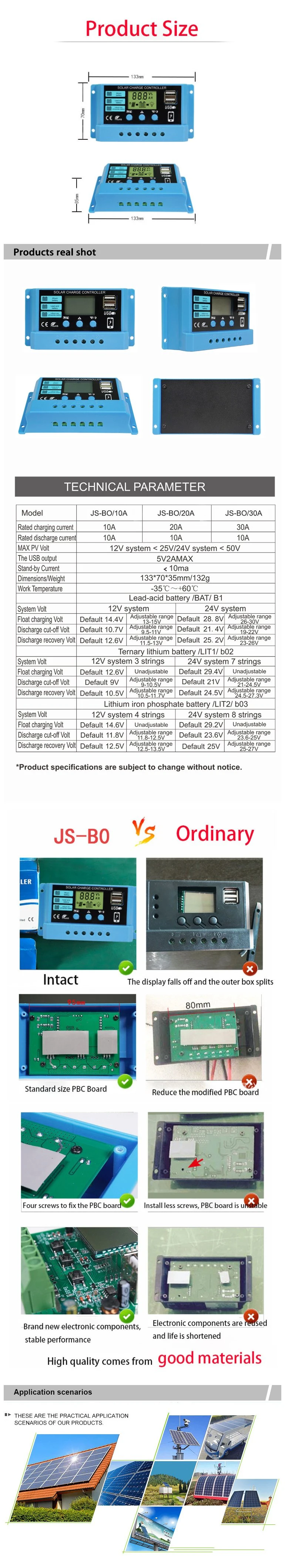 PWM 10A 20A 30A Solar Power Regulator 12V 24V Auto Dual USB LCD Display Load Discharger Solar Charger Controller